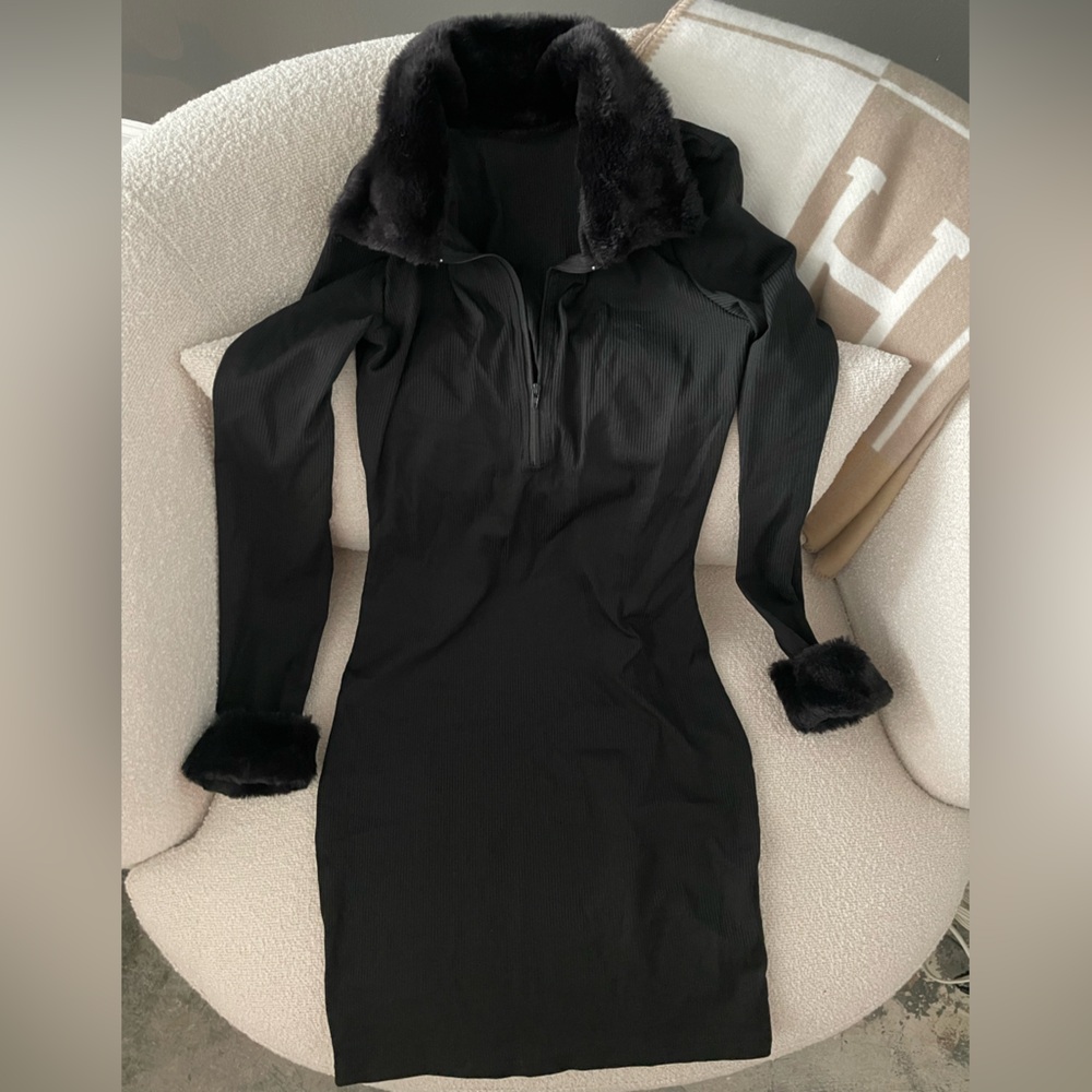 Black Zip Up Fur Accent Black Ribbed Mini Dress‎